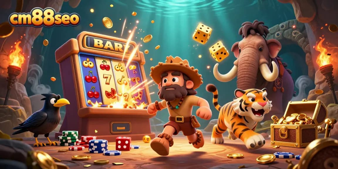 Experience the vibrant world of cm88seo with a dynamic prehistoric casino illustration featuring unique characters and game elements.