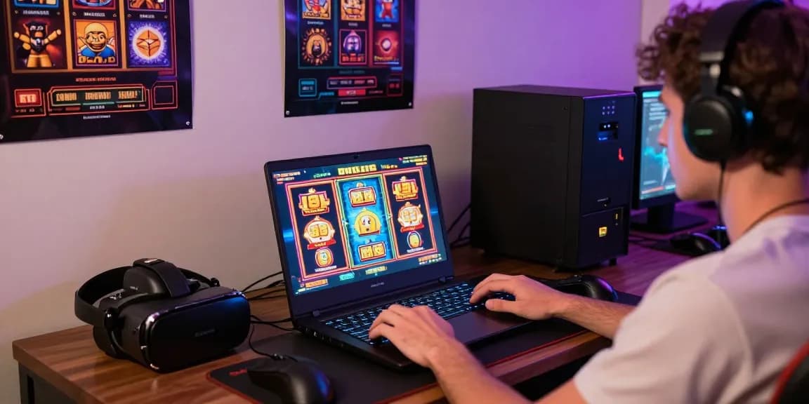 Pengguna laptop menikmati permainan slot jackpot dengan grafik menarik di ruang nyaman.