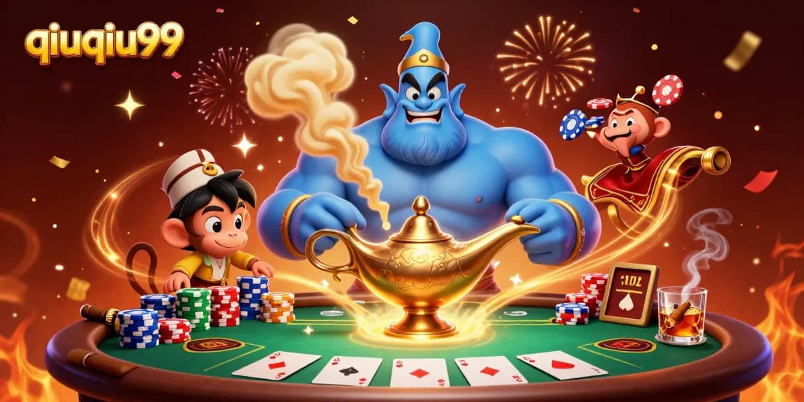Experience thrilling poker moments with qiuqiu99 in a vibrant casino scene featuring a genie and poker chips.