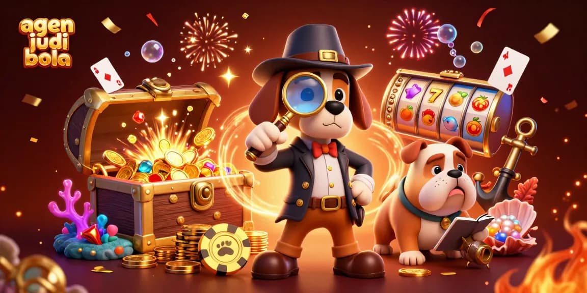 Win with agen judi bola while a detective explores casino treasures in vibrant 3D illustration.