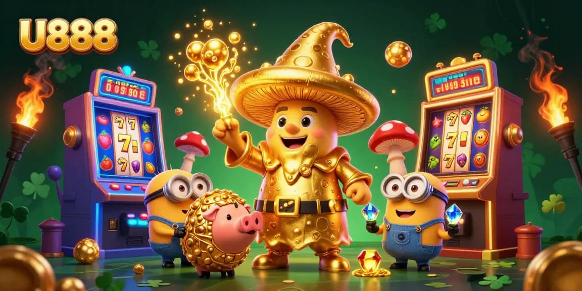 Spin the reels at U888 with the wizard, treasure pig, and gem-carrying minions.
