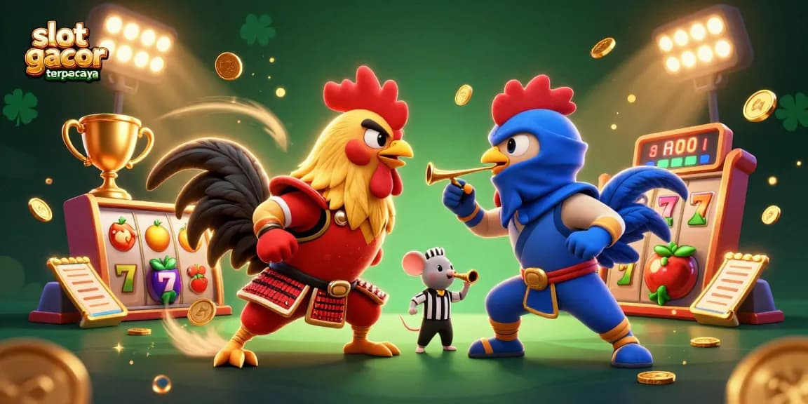 Gambar slot gacor terpercaya dengan dua ayam bertarung dalam arena kasino, simbol keuntungannya.