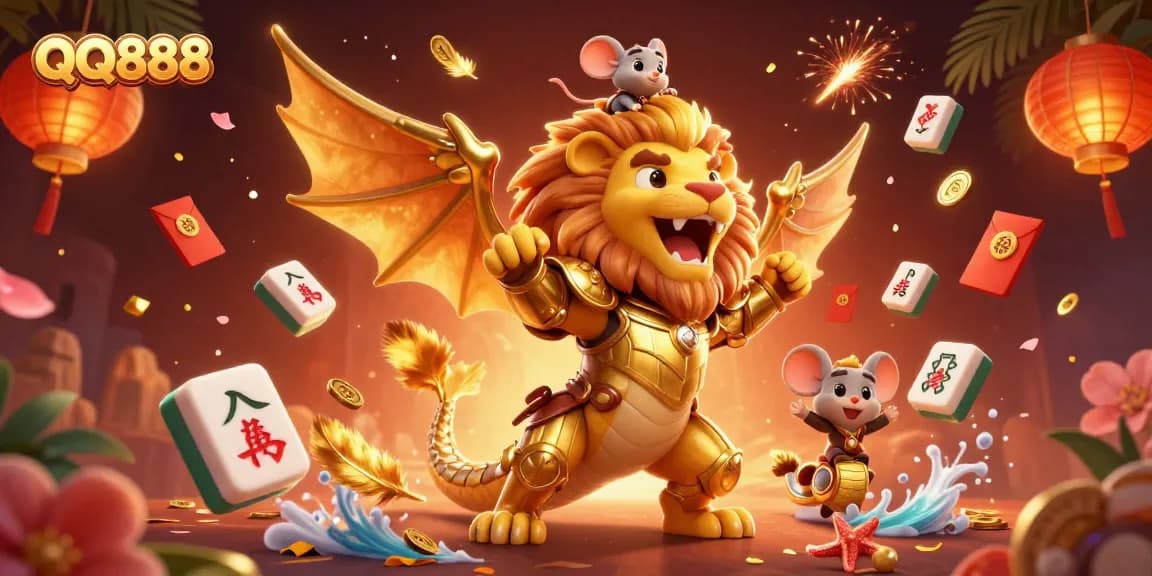 Experience QQ888's thrilling gameplay with an illustrated chimera and vibrant casino elements surrounding it.