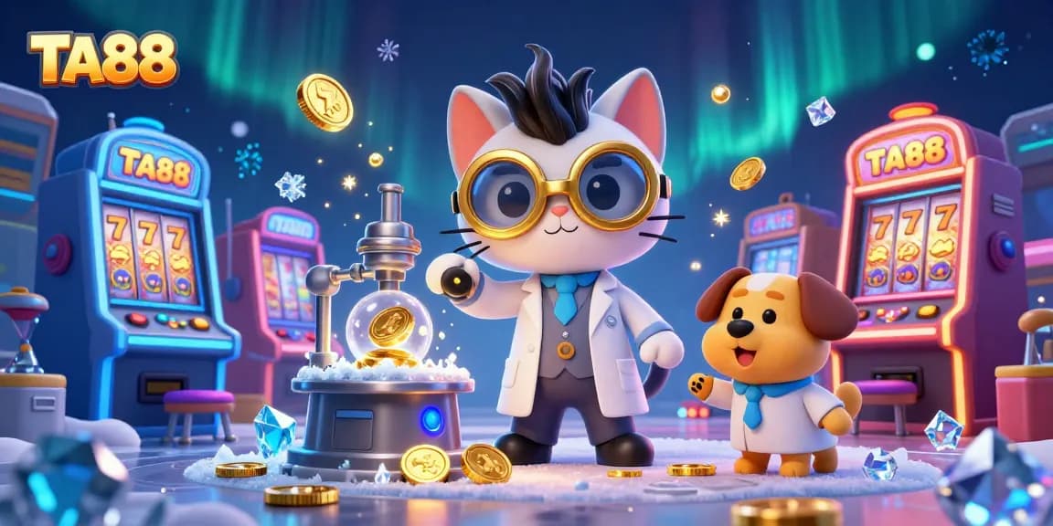 Engaging TA88 casino scene with a mad scientist cat and assistant creating coins amidst colorful slot machines.