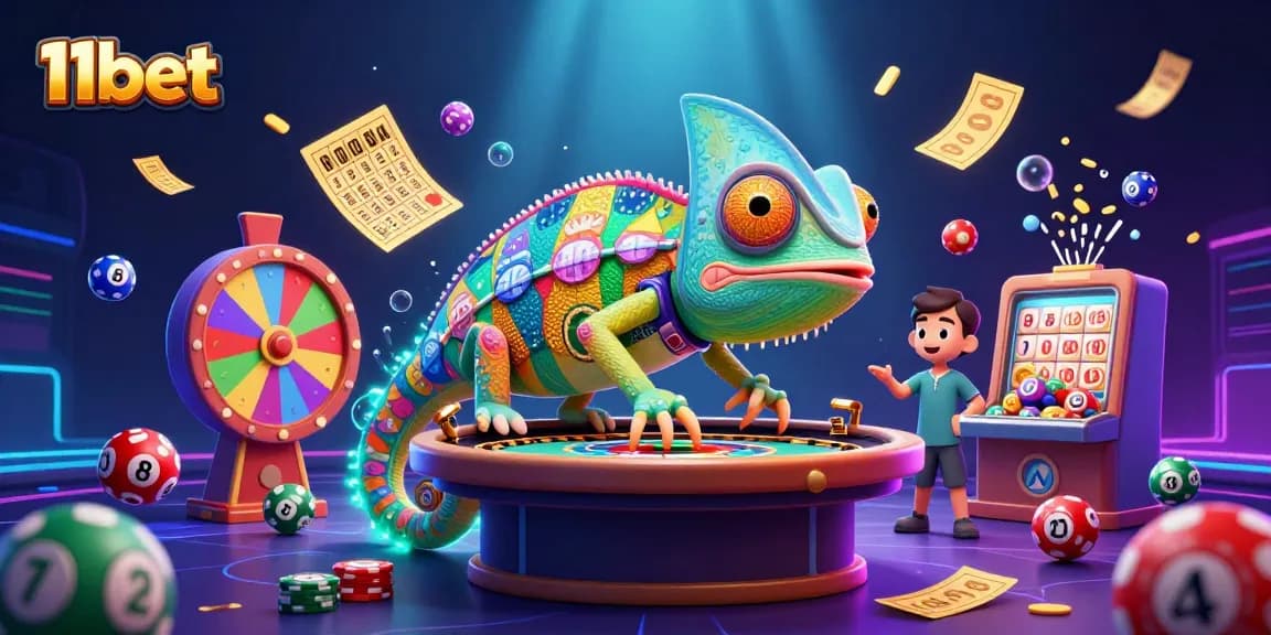Engage in exhilarating gambling at 11bet with vibrant lottery elements and a playful chameleon owner.