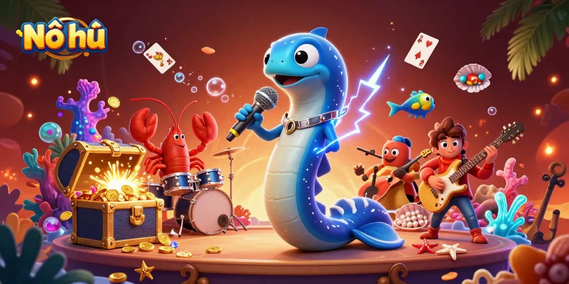 Nổ hũ electrifies with a vibrant underwater DJ performance featuring dynamic casino elements.