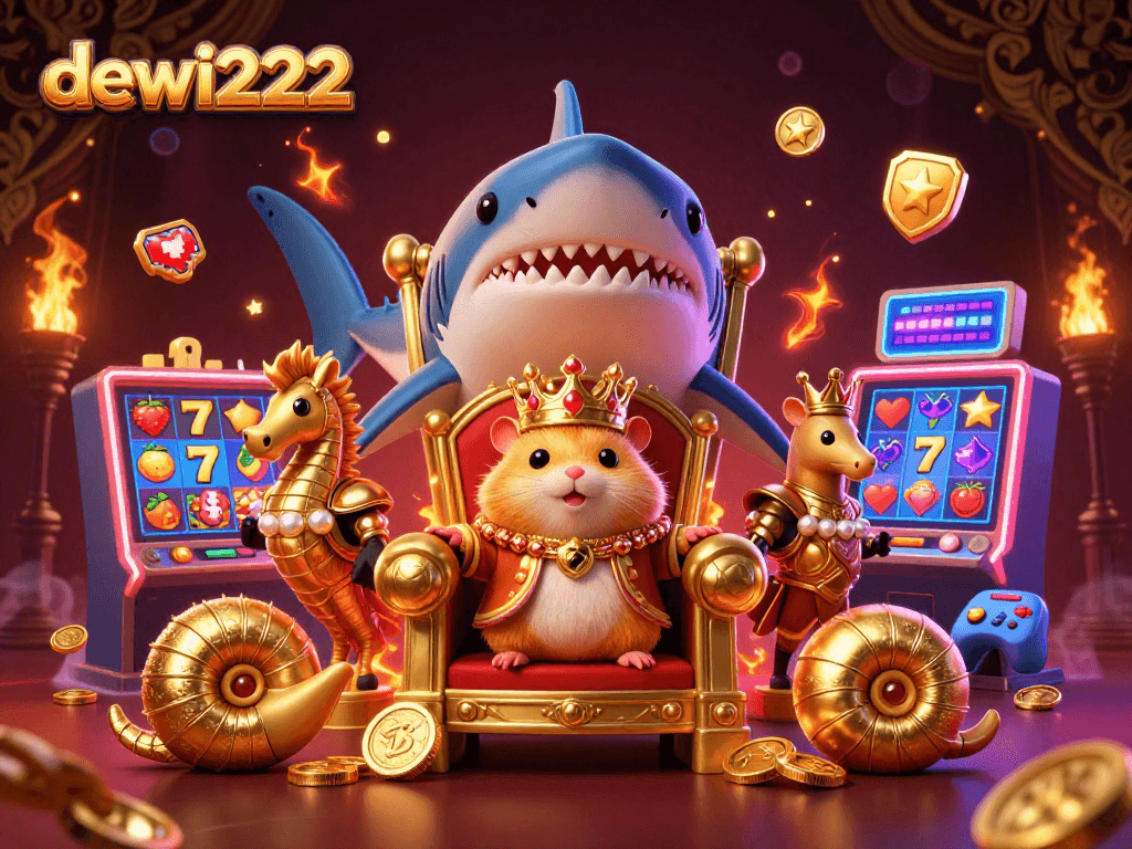 Permainan slot yang menggairahkan dewi222 dengan raja hamster emas dan pasukan penjaga kuda laut dalam ilustrasi kasino yang megah.
