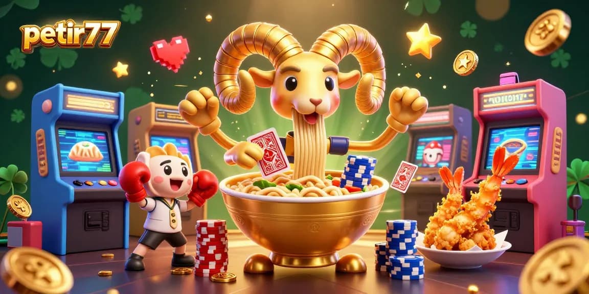 Win big with petir777 at a vibrant casino-themed scene featuring a giant ramen bowl character stacked with chips and cards.