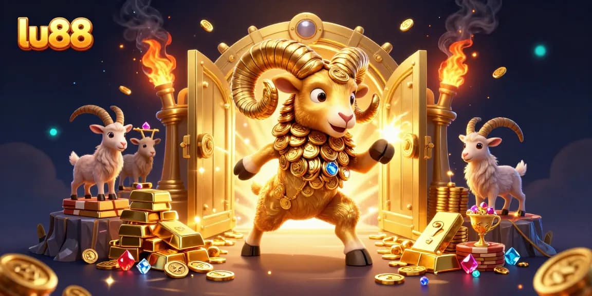 lu88's massive golden ram charges towards a treasure vault, embodying casino victory.