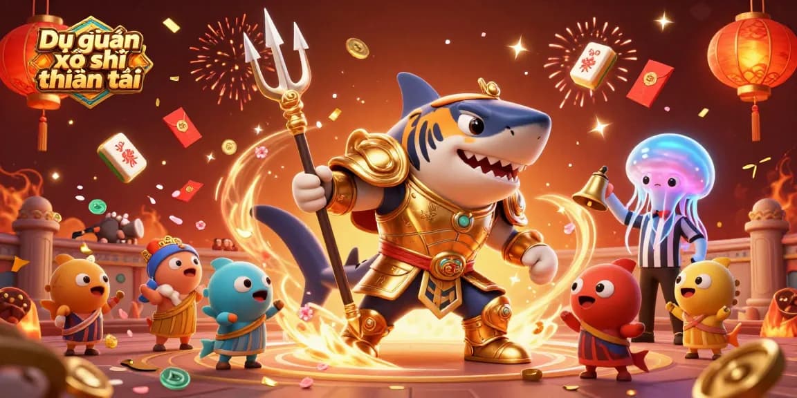 Dự đoán xổ số thần tài features vibrant 3D casino art with a tiger shark and festive elements.