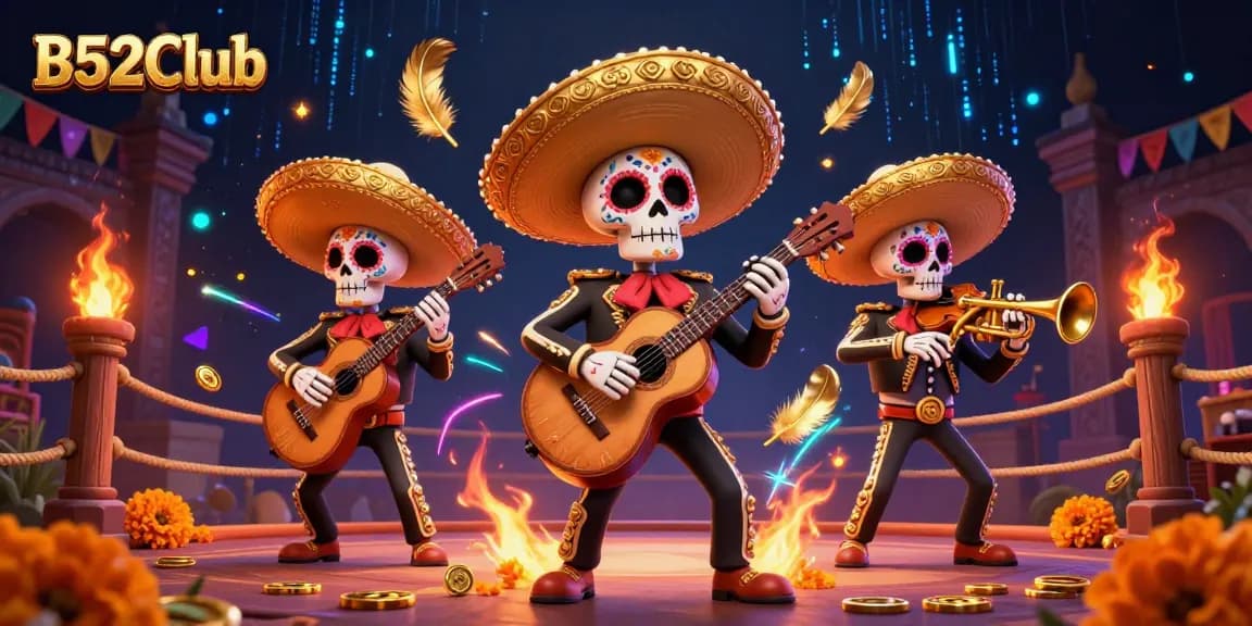 B52Club offers vibrant gaming with a mariachi band celebrating wins in a colorful casino setting.