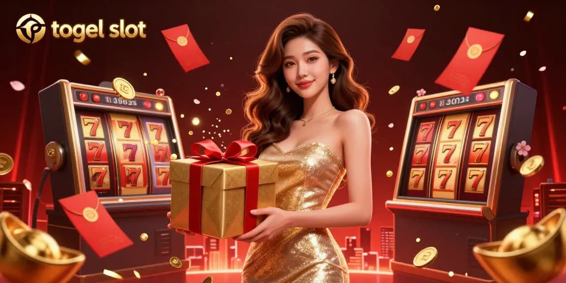 Togel slot gaming scene with an elegant woman holding a gift box of golden coins in a vibrant Lunar New Year celebration.