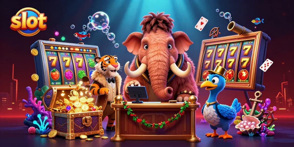 Spin the slot reels in a vibrant scene featuring a casino bouncer, VIP tiger, and a dodo doorman.