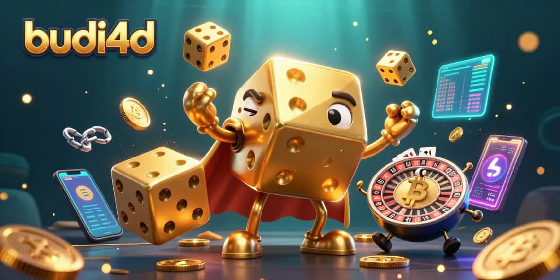 Play with budi4d's golden dice golem illustration amidst vibrant crypto elements in a dynamic casino scene.