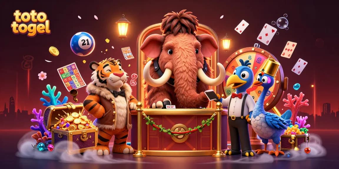 Experience the excitement of toto togel as characters check IDs amid vibrant lottery-themed elements.