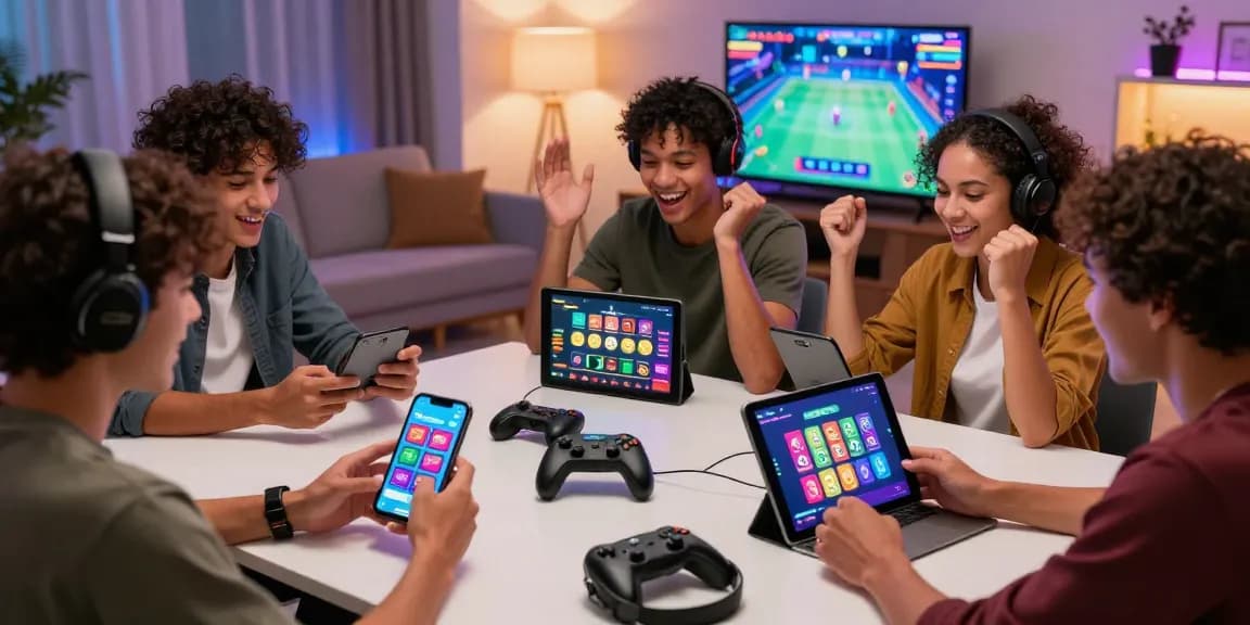 A group of friends enjoying the jaiclub gaming app, celebrating wins together in a vibrant living room.