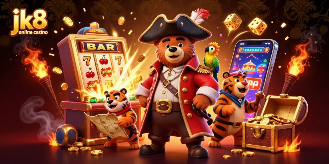 Experience the excitement of jk8 online casino featuring a pirate bear, tiger, and casino-themed elements.