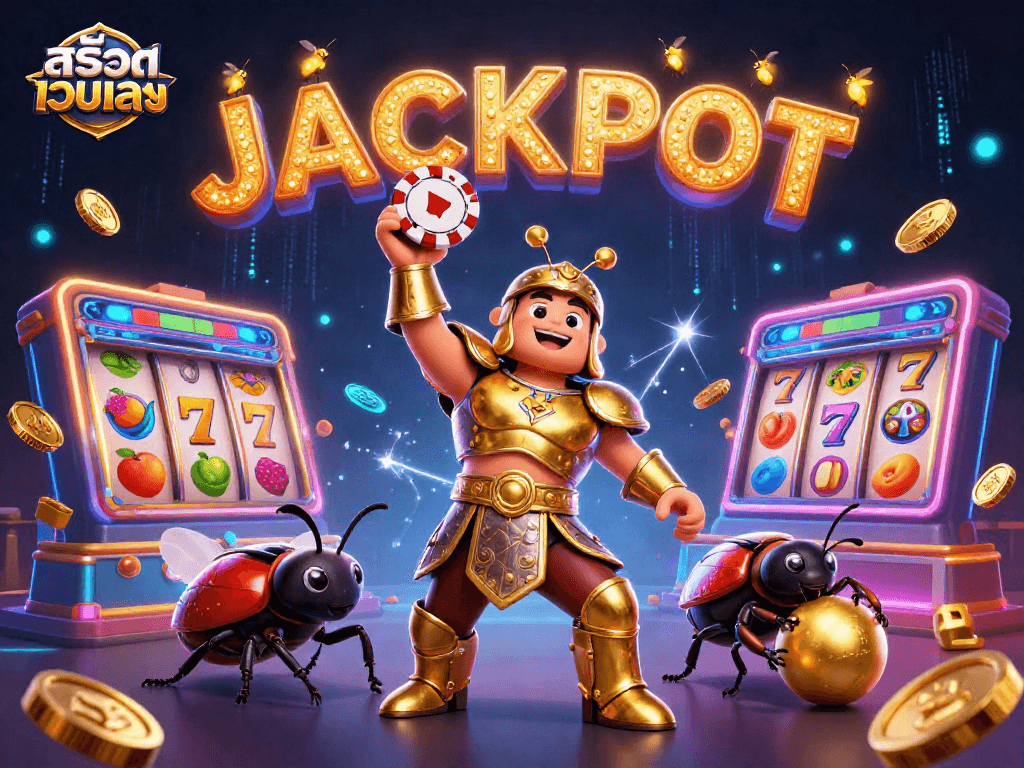 Experience big wins with สล็อตเว็บตรง featuring a victorious beetle in a colorful casino scene.