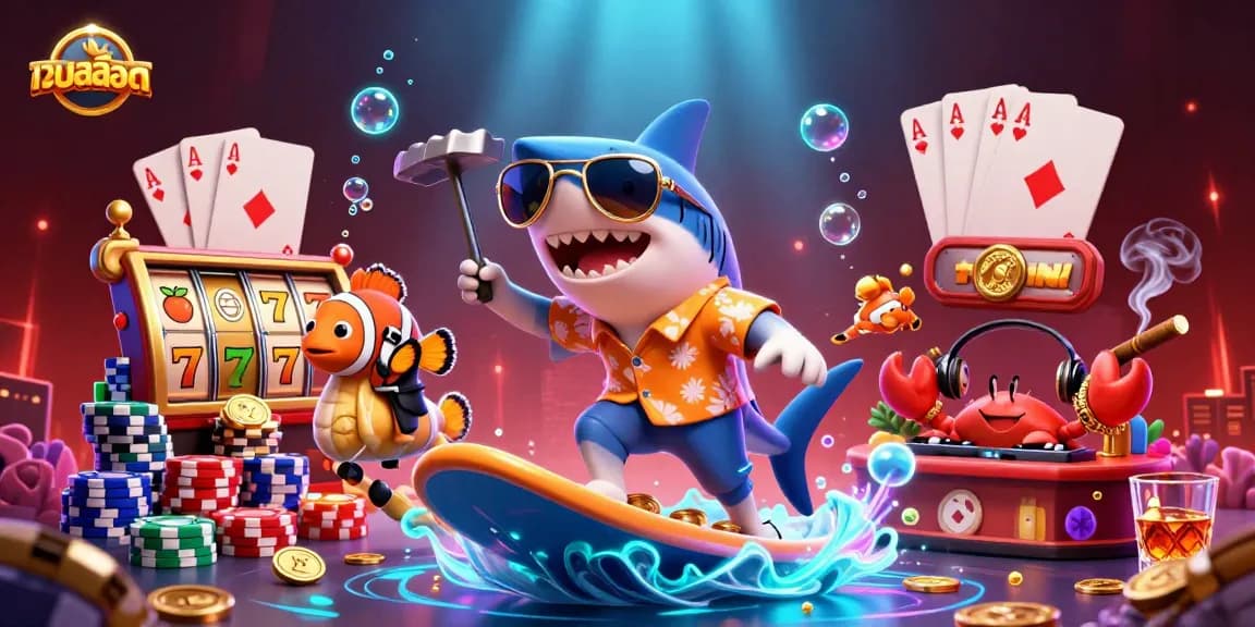 Experience เว็บสล็อต excitement with a 3D shark surfing gold coins alongside a tuxedo clownfish.