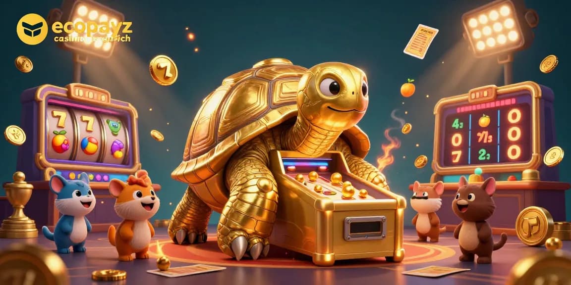 Engage in ecopayz casino vergleich with vibrant 3D illustration of a colossal tortoise as a pinball machine surrounded by casino elements.