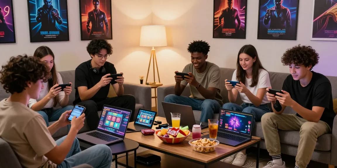 Suasana permainan online DIANA4D dengan pemain beragam menikmati slot di ruang tamu modern.