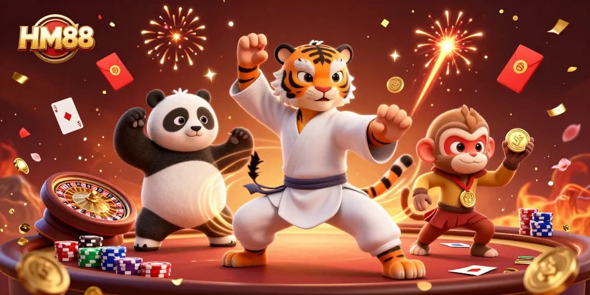 Experience thrilling gameplay at HM88 with a kung fu tiger master leading a dynamic casino scene.
