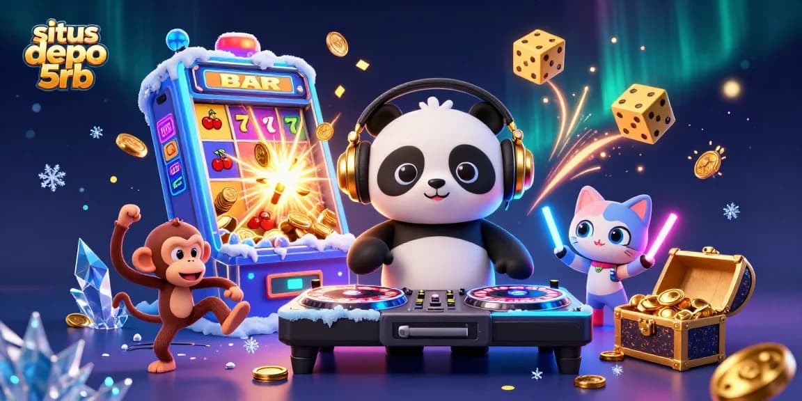 Experience the excitement of situs depo 5rb with animated casino characters amidst a jackpot explosion.