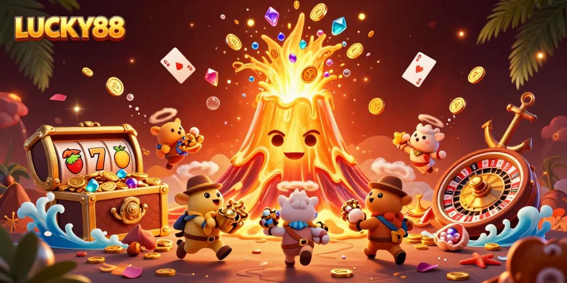 Experience the thrill of LUCKY88 with a vibrant 3D casino scene of treasures and excitement.