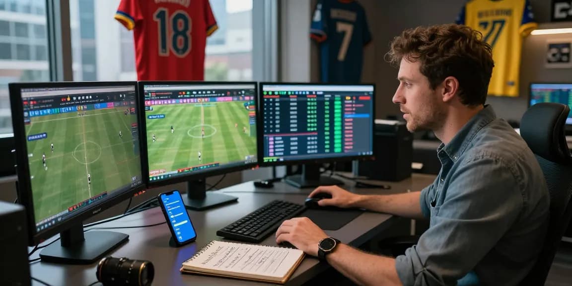 Soi keo betting analysis with sports analyst amidst live stats and vibrant jerseys.