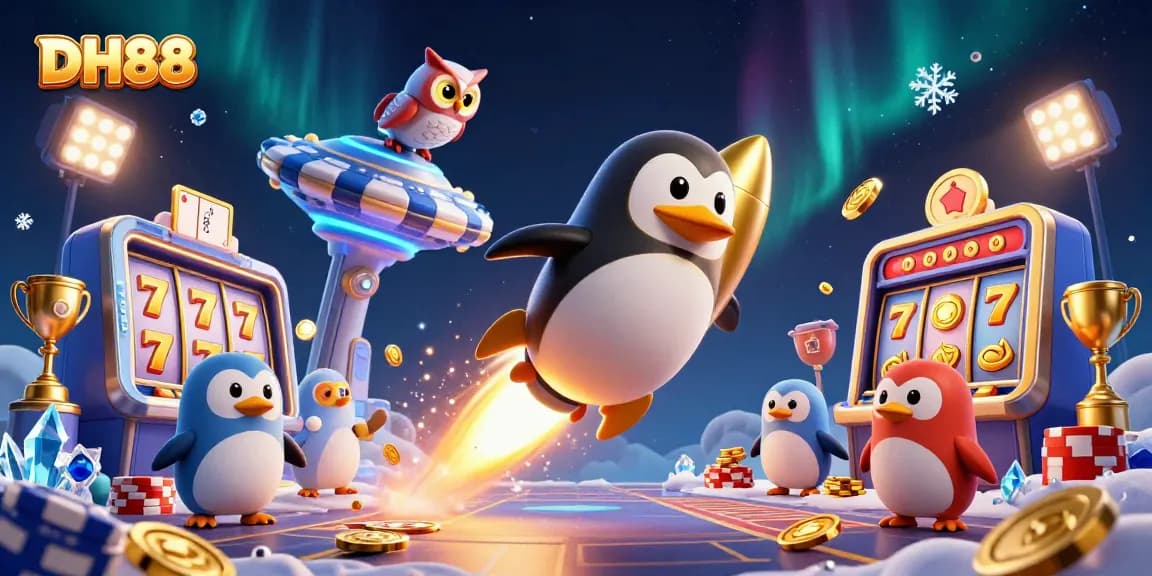 Experience thrilling slots and jackpot excitement with DH88 in a dynamic casino scene featuring a golden penguin.
