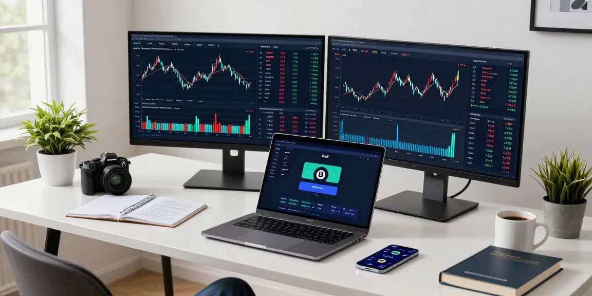 Playexch247 trading platform workspace with cryptocurrency charts, DeFi dashboard, and digital wallet on multiple monitors.