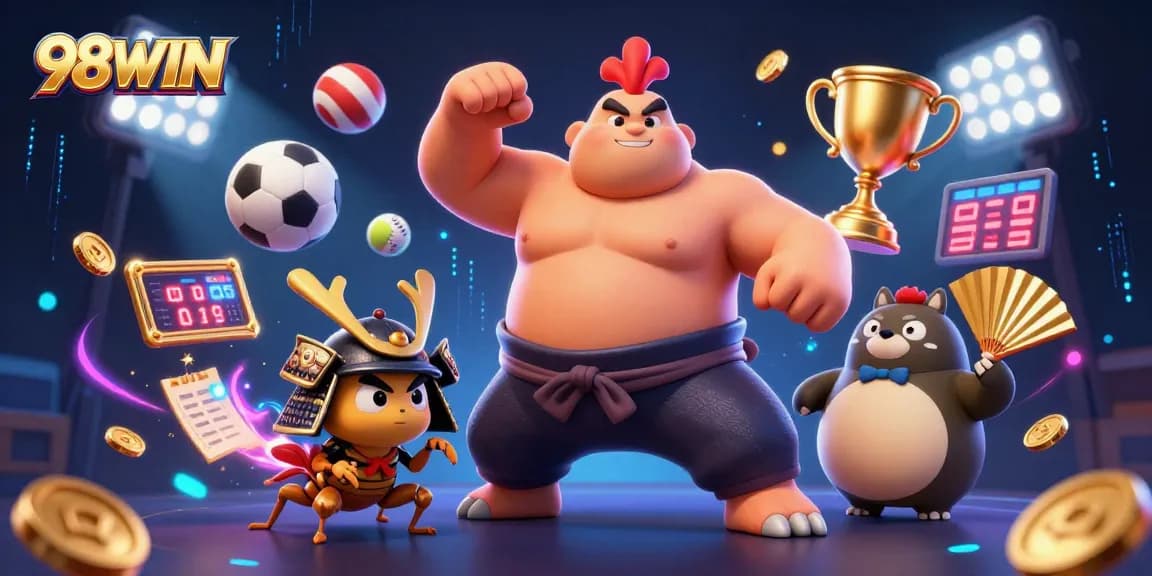 Engage with 98WIN in a vibrant casino scene showcasing exciting gaming elements and characters.