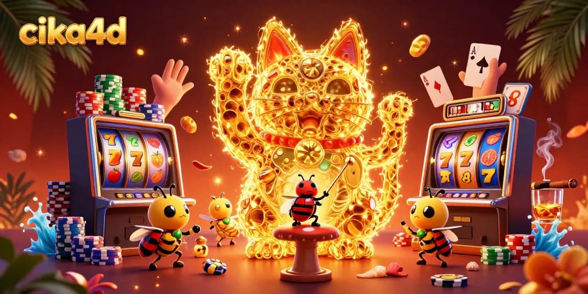 Experience the excitement of cika4d with dynamic slot symbols, lucky cat, and vibrant casino elements.