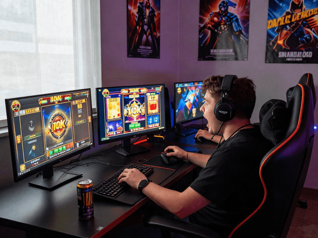Exciting gaming setup featuring slot 10k with player immersed in vibrant gameplay.