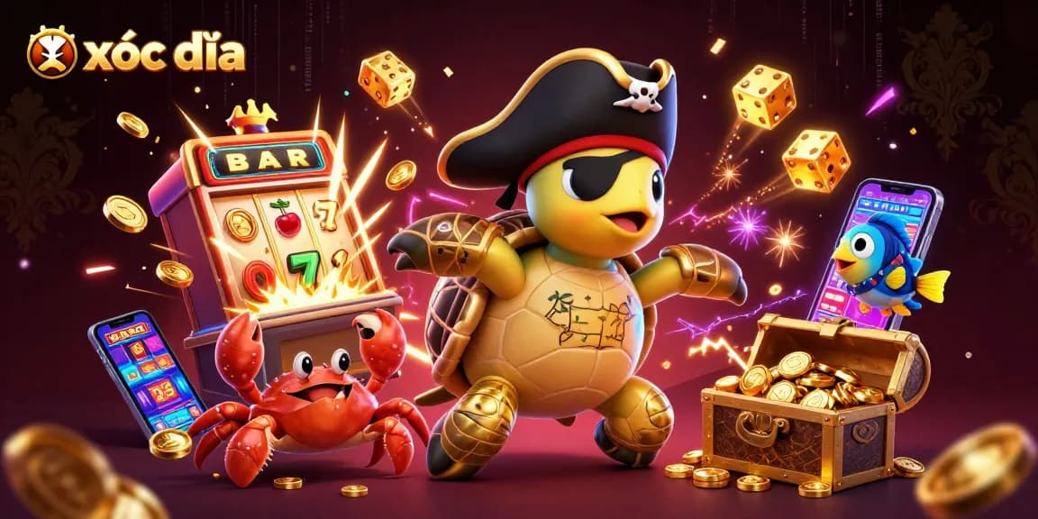 Xóc đĩa lively scene with a pirate turtle, hermit crab, and colorful slot machine bursting with coins.