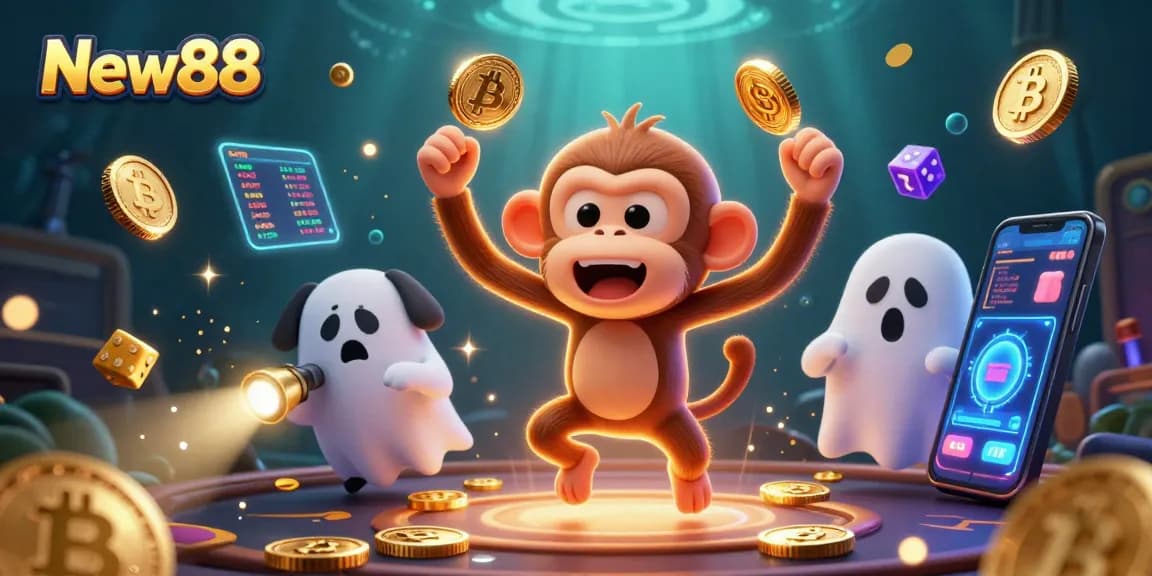 New88 offers an exciting gaming experience with a lively haunted casino scene featuring playful 3D characters.