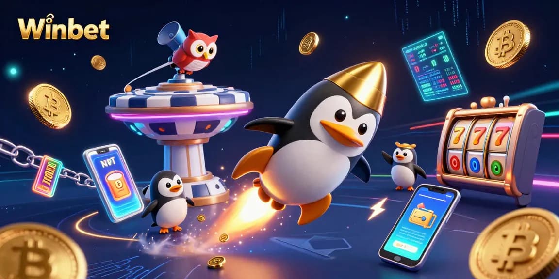 Winbet casino scene featuring a rocket-powered penguin and bitcoin elements in space.