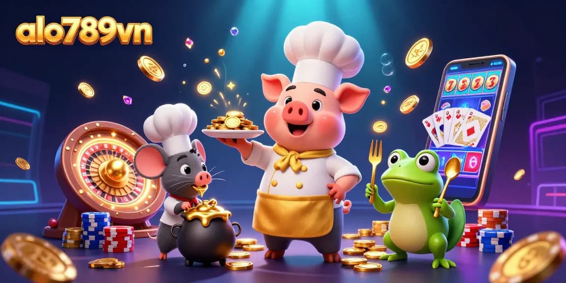 Experience thrilling casino fun at alo789vn with golden coins cascading from cartoon characters and a dynamic scene.