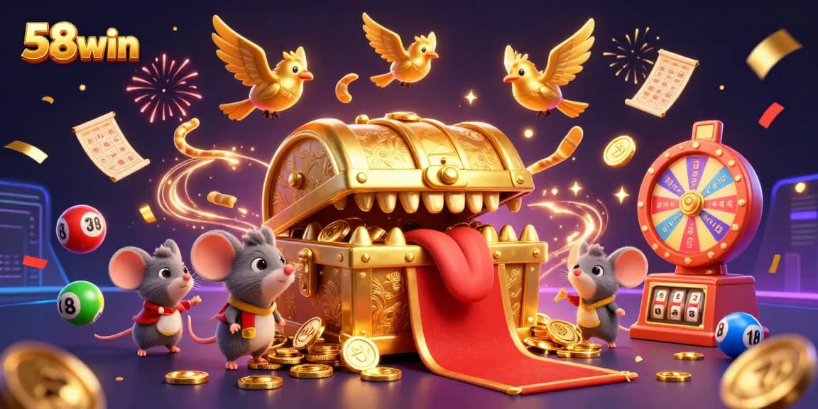 Experience the excitement of 58win through colorful lottery elements and a golden treasure chest in a vibrant casino scene.