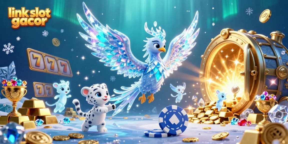 Experience the thrill of winning with link slot gacor, showcasing a dynamic scene of a mythical ice phoenix, playful cub, and sparkling treasures.