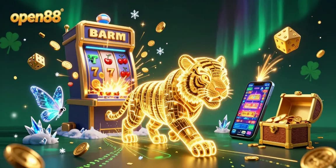 Experience the excitement of open88 as a golden tiger roams a vibrant casino scene full of jackpots and thrilling game elements.