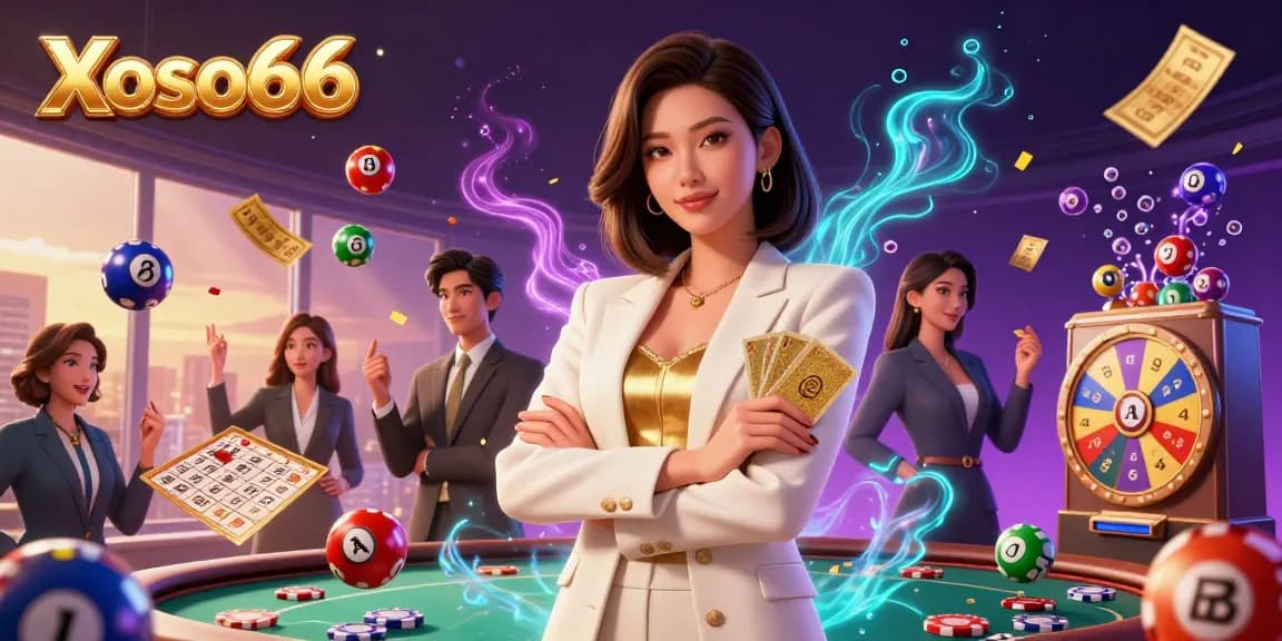 Xoso66 offers a dynamic gaming experience with vibrant lottery elements and a focused businesswoman in an elegant setting.