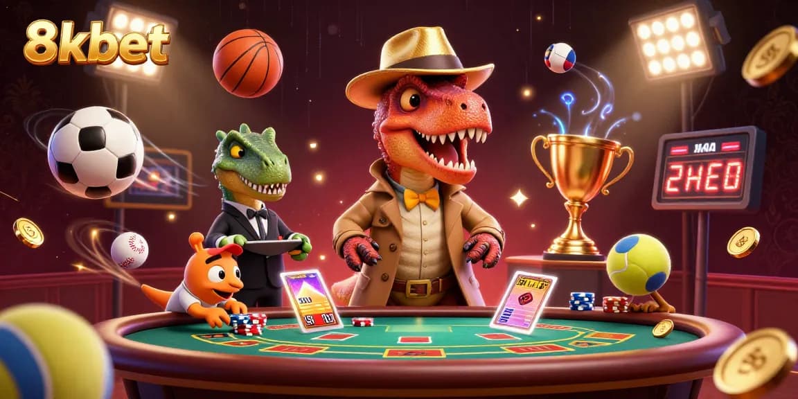 Experience the thrill of 8xbet with a dynamic casino scene featuring a velociraptor card counter.