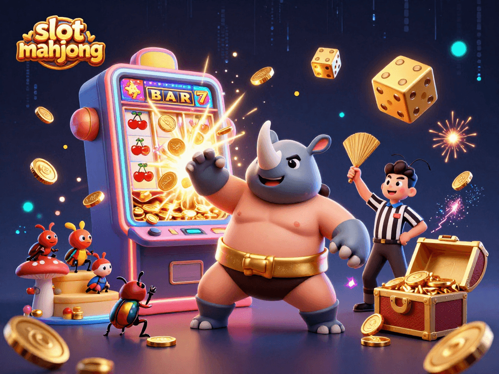 Experience the excitement of slot mahjong with a dynamic, colorful 3D illustration showcasing thrilling game elements.