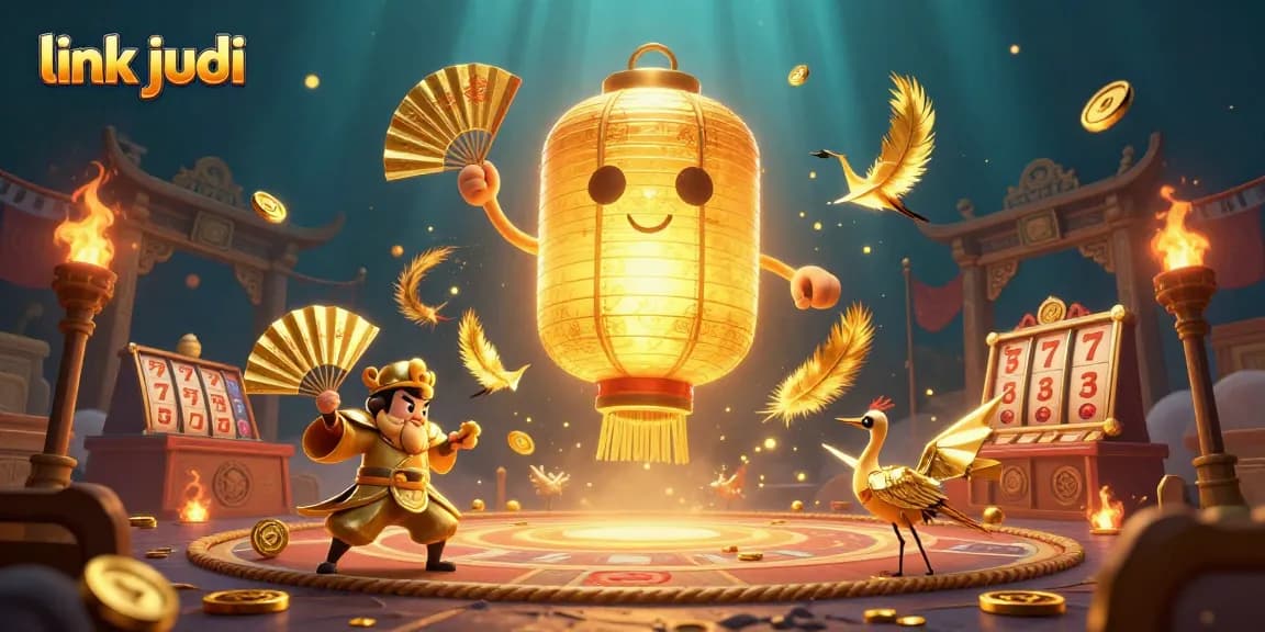 Menang besar dengan link judi slot gacor, menggambarkan suasana kasino yang meriah dengan karakter ilustrasi 3D.