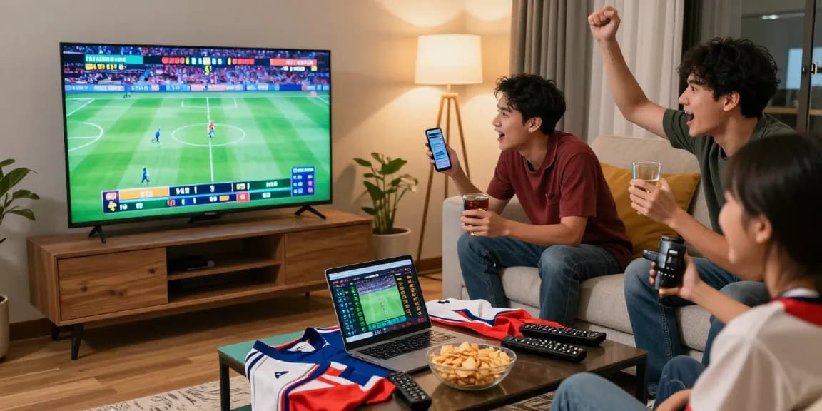 Exciting group of friends enjoying sports betting experience with Fun88Thailand in a cozy living room.