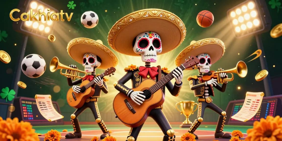 Cakhiatv showcases an exciting 3D sports betting scene with vibrant mariachi skeletons and dynamic game elements.
