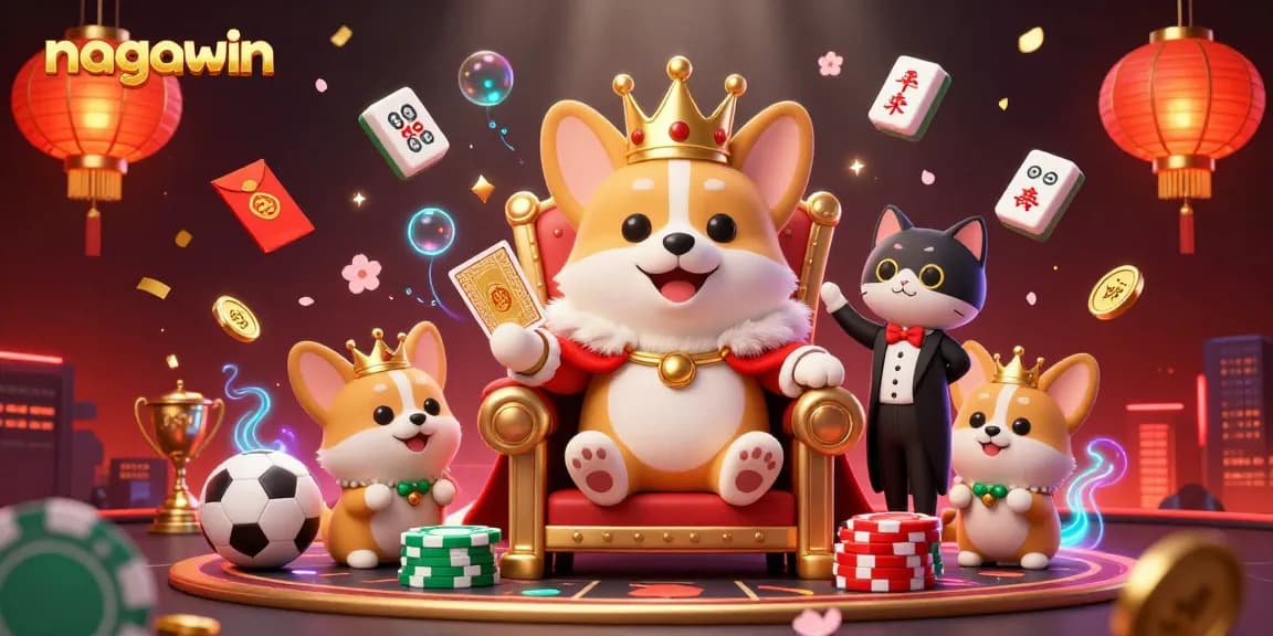Permainan olahraga di nagawin menampilkan corgi kerajaan dengan mahkota emas dan tiket taruhan.