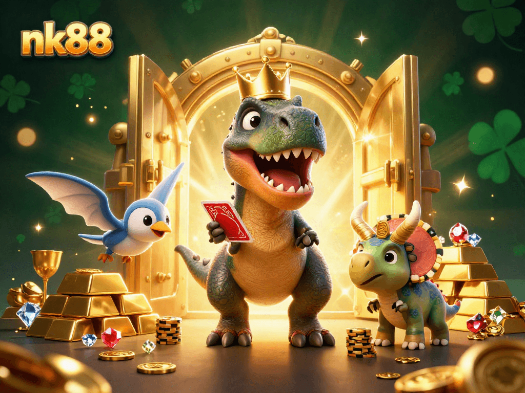 Experience thrilling moments at nk88 with T-Rex shuffling cards amid golden treasures and gaming excitement.