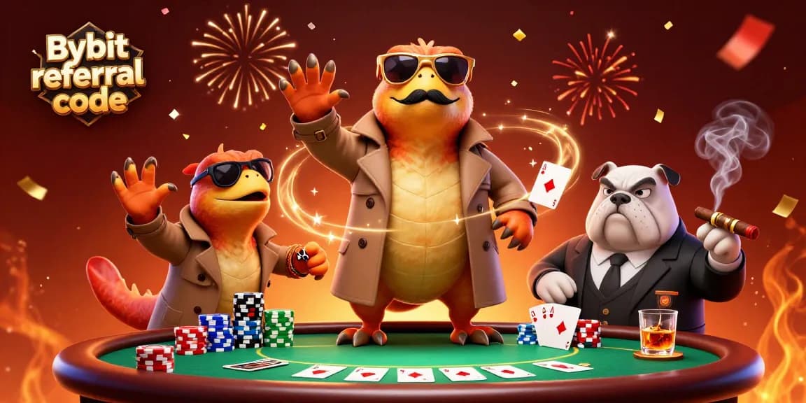 Experience thrilling action with Bybit referral code in a bustling casino scene featuring cartoon raptors and poker elements.
